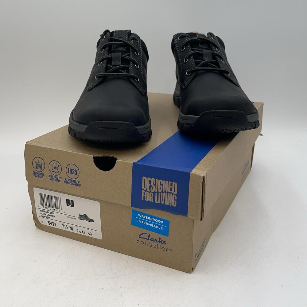 Clarks Walpath Low Shoes Mens Black Leather Waterproof Comfort New Size 7.5